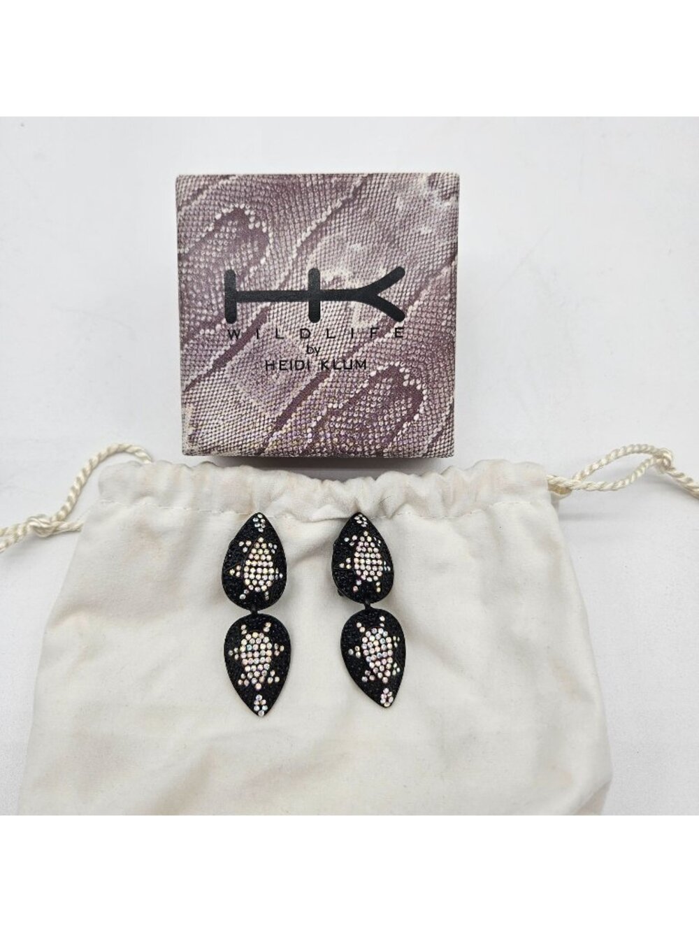 Heidi Klum WildLife Black Pave AB Rhinestone Teardrop Dangle Clip Earrings w/Box